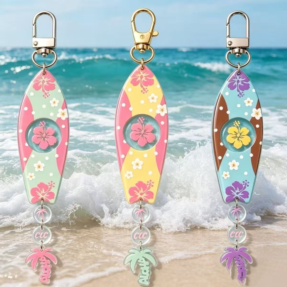 Florist Supplies - INS Hawaiianisches Surfbrett-förmiges Acryl-Schlüsselanhänger-Set Hibiskusblüten- &